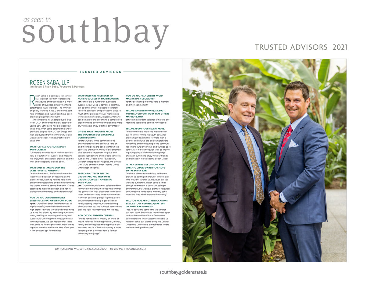 Rosen Saba LLP Mentioned in Trusted Advisors November Edition of South Bay Magazine