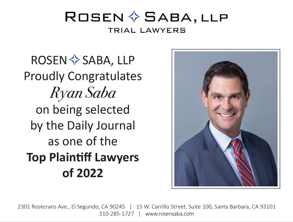 Partner Ryan Saba Named One of The Top Plaintiff Lawyers by Daily Journal in 2022